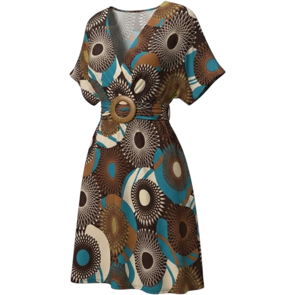 Oatt USA Vintage Wrap Dress Womens Small Brown Teal Sunburst Print Tie Belt‎